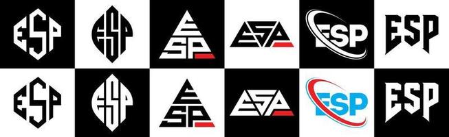 création de logo de lettre esp en six styles. esp polygone, cercle, triangle, hexagone, style plat et simple avec logo de lettre de variation de couleur noir et blanc dans un plan de travail. esp logo minimaliste et classique vecteur