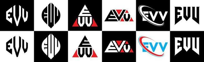 création de logo de lettre evv en six styles. polygone evv, cercle, triangle, hexagone, style plat et simple avec logo de lettre de variation de couleur noir et blanc dans un plan de travail. logo evv minimaliste et classique vecteur