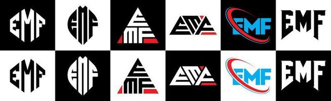 création de logo de lettre emf dans six styles. polygone emf, cercle, triangle, hexagone, style plat et simple avec logo de lettre de variation de couleur noir et blanc dans un plan de travail. logo emf minimaliste et classique vecteur