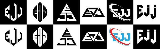 création de logo de lettre ejj en six styles. ejj polygone, cercle, triangle, hexagone, style plat et simple avec logo de lettre de variation de couleur noir et blanc dans un plan de travail. logo ejj minimaliste et classique vecteur