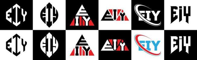 création de logo de lettre eiy en six styles. eiy polygone, cercle, triangle, hexagone, style plat et simple avec logo de lettre de variation de couleur noir et blanc dans un plan de travail. eiy logo minimaliste et classique vecteur