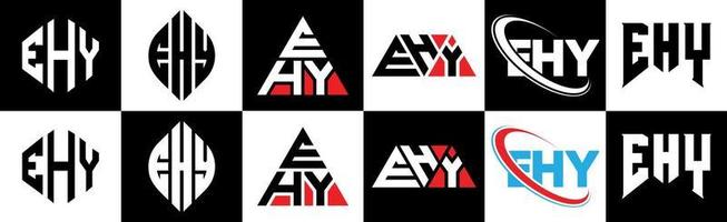 création de logo de lettre ehy en six styles. ehy polygone, cercle, triangle, hexagone, style plat et simple avec logo de lettre de variation de couleur noir et blanc dans un plan de travail. ehy logo minimaliste et classique vecteur