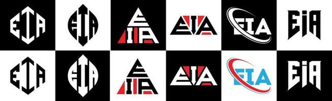 création de logo de lettre eia en six styles. polygone eia, cercle, triangle, hexagone, style plat et simple avec logo de lettre de variation de couleur noir et blanc dans un plan de travail. logo eia minimaliste et classique vecteur