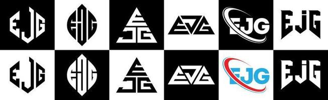 création de logo de lettre eje en six styles. eje polygone, cercle, triangle, hexagone, style plat et simple avec logo de lettre de variation de couleur noir et blanc dans un plan de travail. logo minimaliste et classique eje vecteur