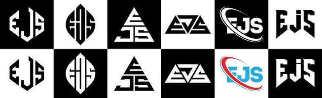 création de logo de lettre ejs en six styles. polygone ejs, cercle, triangle, hexagone, style plat et simple avec logo de lettre de variation de couleur noir et blanc dans un plan de travail. logo ejs minimaliste et classique vecteur
