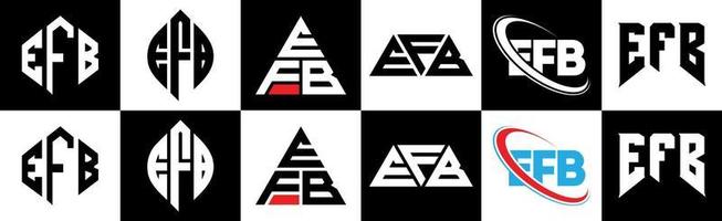 création de logo de lettre efb en six styles. polygone efb, cercle, triangle, hexagone, style plat et simple avec logo de lettre de variation de couleur noir et blanc dans un plan de travail. logo efb minimaliste et classique vecteur