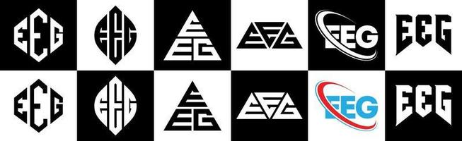 création de logo de lettre eeg dans six styles. eeg polygone, cercle, triangle, hexagone, style plat et simple avec logo de lettre de variation de couleur noir et blanc dans un plan de travail. logo minimaliste et classique eeg vecteur