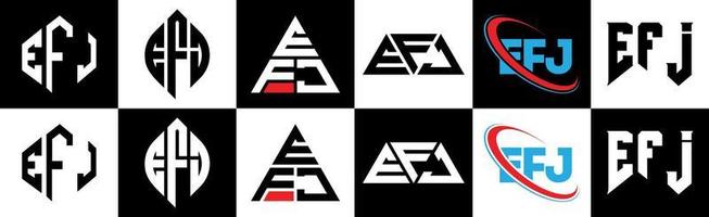 création de logo de lettre efj en six styles. polygone efj, cercle, triangle, hexagone, style plat et simple avec logo de lettre de variation de couleur noir et blanc dans un plan de travail. logo efj minimaliste et classique vecteur