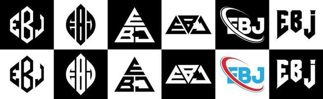 création de logo de lettre ebj en six styles. polygone ebj, cercle, triangle, hexagone, style plat et simple avec logo de lettre de variation de couleur noir et blanc dans un plan de travail. logo ebj minimaliste et classique vecteur