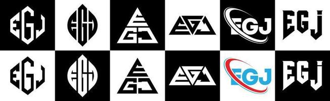 création de logo de lettre egj en six styles. egj polygone, cercle, triangle, hexagone, style plat et simple avec logo de lettre de variation de couleur noir et blanc dans un plan de travail. logo minimaliste et classique egj vecteur