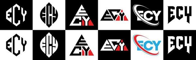 création de logo de lettre ecy en six styles. ecy polygone, cercle, triangle, hexagone, style plat et simple avec logo de lettre de variation de couleur noir et blanc dans un plan de travail. logo minimaliste et classique ecy vecteur