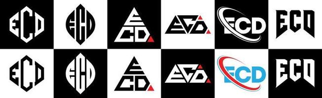 création de logo de lettre ecd en six styles. ecd polygone, cercle, triangle, hexagone, style plat et simple avec logo de lettre de variation de couleur noir et blanc dans un plan de travail. logo minimaliste et classique ecd vecteur