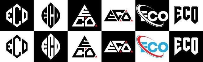 création de logo de lettre éco en six styles. polygone écologique, cercle, triangle, hexagone, style plat et simple avec logo de lettre de variation de couleur noir et blanc dans un plan de travail. logo eco minimaliste et classique vecteur