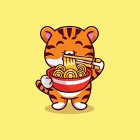 tigre mignon debout mangeant des nouilles ramen avec des baguettes dessin animé icône illustration vecteur