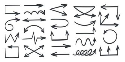 icônes de flèches. flèches dessinées à la main noire. signes de flèches vectorielles dessinées vecteur