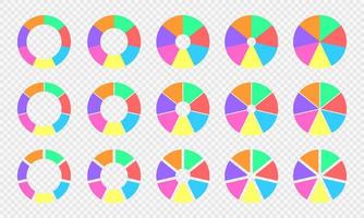 collection de graphiques à secteurs et à beignets. diagrammes circulaires divisés en 7 sections de couleurs différentes. roues infographiques avec sept parties égales isolées sur fond transparent vecteur