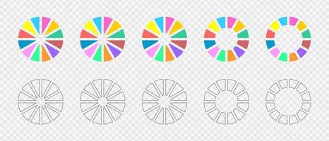 ensemble de graphiques en anneau. roues infographiques divisées en 12 sections multicolores et graphiques. diagrammes circulaires ou barres de charge. formes rondes coupées en douze parties égales vecteur