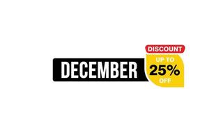 Offre de réduction de 25 % en décembre, dédouanement, mise en page de bannière de promotion avec style d'autocollant. vecteur