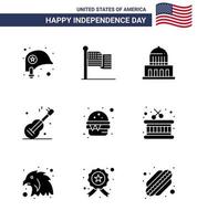 pack de 9 signes de glyphes solides de célébration de la fête de l'indépendance des états-unis et symboles du 4 juillet tels que fast american building usa guiter modifiables usa day vector design elements