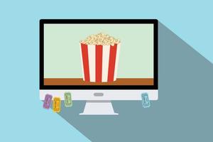 regarder un film en ligne billet d'ordinateur popcorn plat vecteur