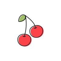 icône de doodle de cerise. illustration vectorielle de fruits. paire de cerises et une feuille avec tache de couleur, baie naturelle fraîche. vecteur