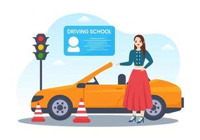 école de conduite avec processus éducatif de formation automobile et apprentissage de la conduite pour obtenir un permis de conduire en dessin animé plat illustration de modèles dessinés à la main vecteur