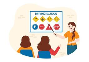 école de conduite avec processus éducatif de formation automobile et apprentissage de la conduite pour obtenir un permis de conduire en dessin animé plat illustration de modèles dessinés à la main vecteur