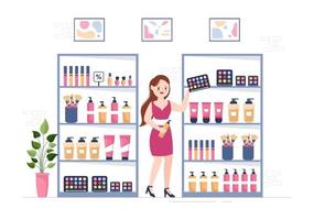 magasin de cosmétiques avec choix de produits de soins de la peau, de cosmétiques, de parfums, de maquillage et de beauté pour filles dans l'illustration de modèles dessinés à la main de dessin animé plat vecteur