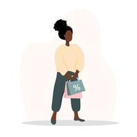femme faisant du shopping. heureuse fille africaine portant des sacs. illustration de dessin animé de vecteur isolé sur fond blanc. modèle de promotion et de vente.