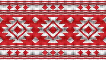 bordure de motif sans couture à tricoter sur fond rouge, bordure de motif ethnique joyeux noël et affiche vectorielle de joyeux jours d'hiver vecteur