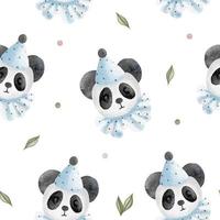 vecteur aquarelle douche de bébé modèle sans couture panda en peluche. jouets bleus et feuilles vertes.