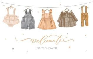 jolie carte d'invitation aquarelle de douche de bébé pour la célébration du nouveau-né de bébé et d'enfants avec des vêtements de bébé. vecteur