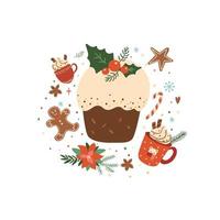 gâteau de noël, pudding, nourriture, café, pain d'épice, baie, boisson chaude d'hiver en illustration de nourriture de vacances tasse. dessert de noël au four carte dessinée à la main en vecteur. jolie tarte de vacances d'hiver vecteur