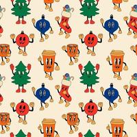 modèle sans couture avec des personnages de mascotte de dessin animé de collection rétro de noël. bonhomme de neige, arbre de noël, chaussettes, tasse, éléments de vacances de boule. ancien style d'animation. vecteur d'époque.