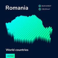 la carte 3d de la roumanie à vecteur rayé isométrique simple au néon stylisé est en vert, turquoise et menthe