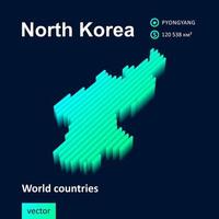 Carte 3D de la Corée du Nord. carte vectorielle rayée stylisée dans des couleurs vert fluo et menthe sur fond bleu vecteur