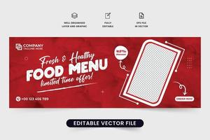 conception de modèle promotionnel d'aliments sains pour la couverture des médias sociaux. vecteur d'offre de réduction de menu alimentaire spécial avec un espace réservé pour la photo. conception de bannière web d'entreprise culinaire créative avec la couleur rouge.