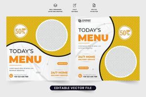 conception de modèle de promotion de menu de restaurant pour le marketing des médias sociaux. vecteur de modèle de promotion de nourriture culinaire avec des espaces réservés pour photo. conception d'affiche de restaurant avec section de réduction.