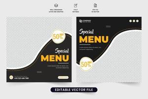 modèle de menu spécial vecteur de publication de médias sociaux avec des couleurs jaunes et foncées. modèle de promotion de restaurant moderne pour les médias sociaux. vecteur de modèle de bannière web promo alimentaire avec des formes abstraites.