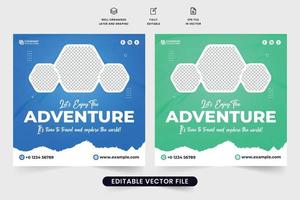 bannière web promotionnelle du planificateur de vacances en famille et de l'agence de gestion de voyages. vecteur de publication de médias sociaux de tournée et de voyage avec des couleurs bleues et vertes. modèle de publicité d'agence de voyage pour le marketing.