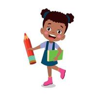heureux mignon petit enfant fille tenant des fournitures scolaires vecteur