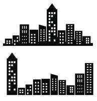 un gratte-ciel noir plat et une silhouette de bâtiment de faible hauteur ensemble d'illustrations vectorielles de bâtiments de la ville en silhouettes sous diverses constructions sont utilisés sur un fond blanc vecteur