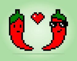 Pixels de 8 bits une paire de piments tombant amoureux. icône végétale pour les actifs du jeu et les motifs de point de croix dans les illustrations vectorielles. vecteur