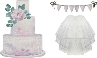 ensemble d'accessoires de mariage aquarelle mariée et marié voile, gâteau, boutonnière, composition de fleurs vecteur