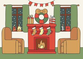 salon de la maison avec cheminée et couronne d'arbre, intérieur avec mobilier décoré pour les vacances de noël. à l'intérieur de la maison avec des cadeaux, feu de maison. carte en vacances d'hiver. illustration vectorielle