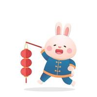 personnage ou mascotte de lapin mignon avec lanterne rouge, nouvel an chinois ou fête des lanternes ou solstice d'hiver, fête traditionnelle et culture en asie vecteur