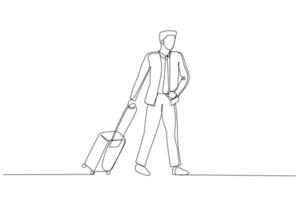 dessin animé d'homme d'affaires avec des bagages à pied. style d'art d'une ligne vecteur
