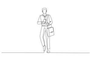 dessin animé d'un homme d'affaires prospère dans des vêtements de bureau tenant un smartphone et un sac pour ordinateur portable. un style d'art en ligne continue vecteur