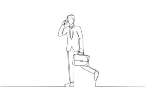 dessin d'homme d'affaires marchant et parlant au téléphone. dessin au trait continu vecteur