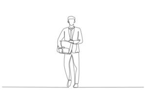 dessin animé d'homme d'affaires tenant une valise, marchant. art de style une ligne vecteur
